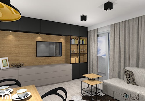 Mieszkanie z nutą loftu - Duży czarny szary salon z jadalnią, styl nowoczesny - zdjęcie od PerfectPLAN