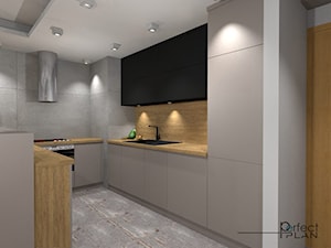Mieszkanie z nutą loftu - Średnia otwarta szara z zabudowaną lodówką z nablatowym zlewozmywakiem kuchnia w kształcie litery u, styl nowoczesny - zdjęcie od PerfectPLAN