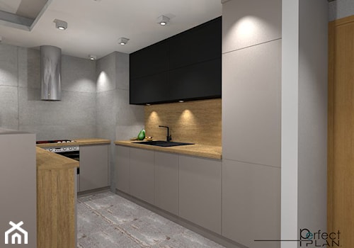 Mieszkanie z nutą loftu - Średnia otwarta szara z zabudowaną lodówką z nablatowym zlewozmywakiem kuchnia w kształcie litery u, styl nowoczesny - zdjęcie od PerfectPLAN