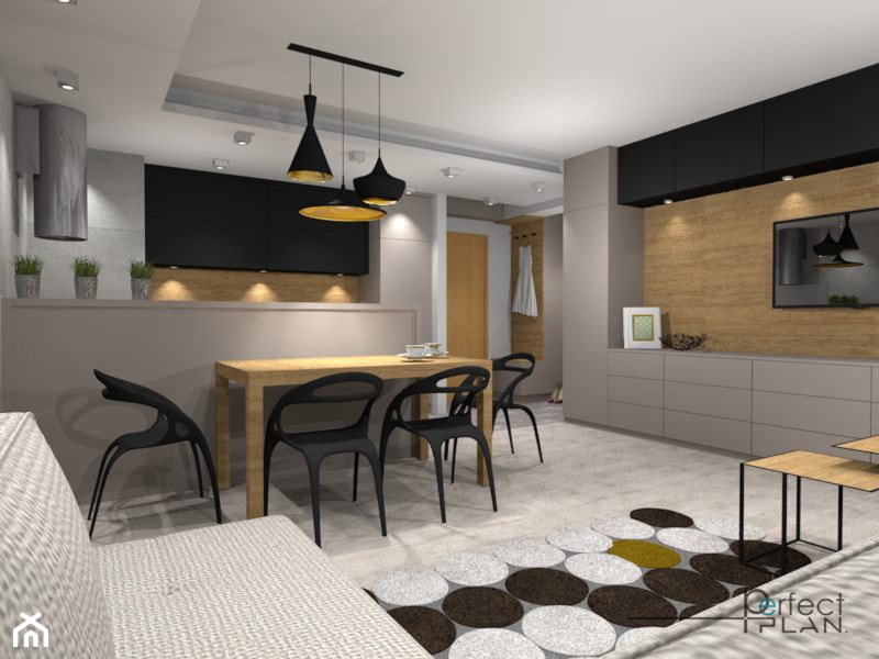 Mieszkanie z nutą loftu - Średni szary salon z kuchnią z jadalnią, styl nowoczesny - zdjęcie od PerfectPLAN