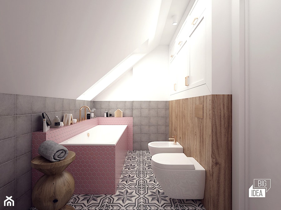 Projekt łazienki 7,31 m2 / Niepołomice - Średnia na poddaszu z punktowym oświetleniem łazienka z oknem, styl nowoczesny - zdjęcie od BIG IDEA studio projektowe