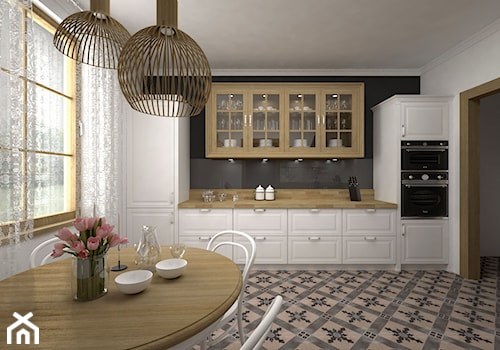 Projekt kuchni 21 m2 / Bochnia - Duża otwarta biała czarna z zabudowaną lodówką kuchnia dwurzędowa, styl rustykalny - zdjęcie od BIG IDEA studio projektowe
