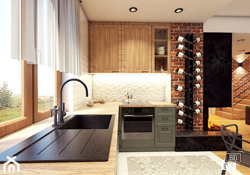 Projekt domu 45 m2 / Bochnia - Średnia otwarta biała brązowa z zabudowaną lodówką z podblatowym zlewozmywakiem kuchnia w kształcie litery l z oknem, styl nowoczesny - zdjęcie od BIG IDEA studio projektowe