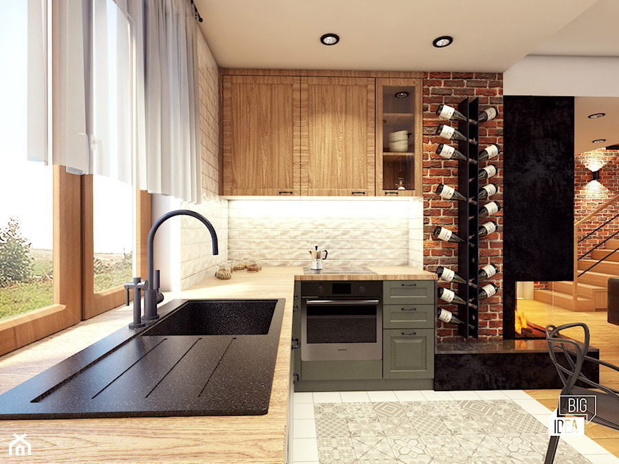 Projekt domu 45 m2 / Bochnia - Średnia otwarta biała brązowa z zabudowaną lodówką z podblatowym zlewozmywakiem kuchnia w kształcie litery l z oknem, styl nowoczesny - zdjęcie od BIG IDEA studio projektowe