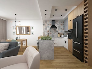 Projekt domu 90 m2 / Kraków - Średnia otwarta z salonem z kamiennym blatem z zabudowaną lodówką z nablatowym zlewozmywakiem kuchnia w kształcie litery g, styl nowoczesny - zdjęcie od BIG IDEA studio projektowe
