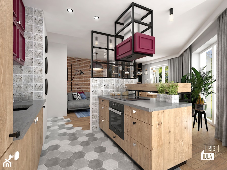 Projekt mieszkania 70,42 m2 / Warszawa - Średnia otwarta z salonem z kamiennym blatem biała szara z zabudowaną lodówką z podblatowym zlewozmywakiem kuchnia dwurzędowa z oknem, styl industrialny - zdjęcie od BIG IDEA studio projektowe
