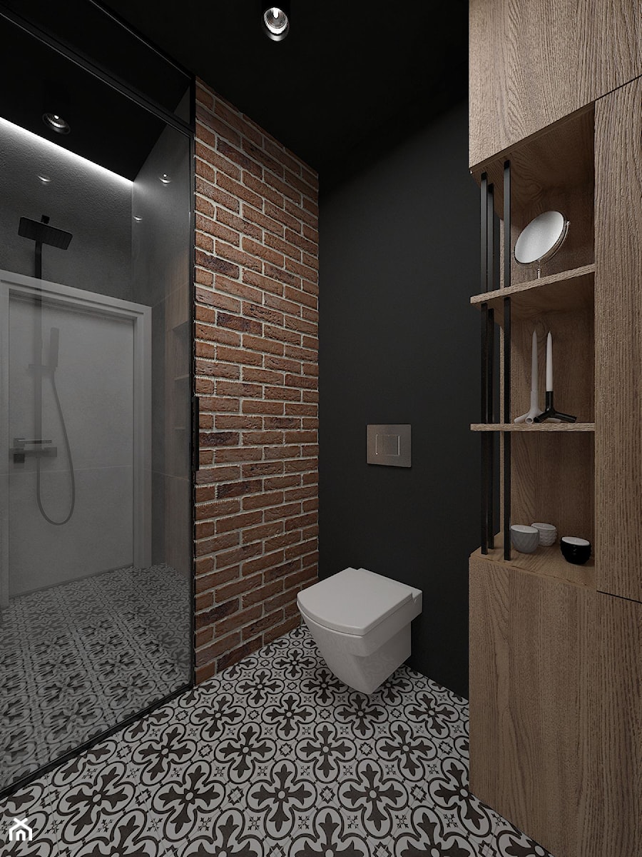 Projekt mieszkania 60 m2 / Duchnice - Mała bez okna z punktowym oświetleniem łazienka, styl industrialny - zdjęcie od BIG IDEA studio projektowe