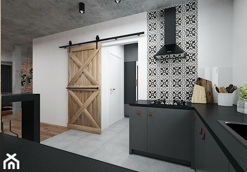 Projekt mieszkania 60 m2 / Duchnice - Średnia otwarta z salonem z kamiennym blatem biała czarna z zabudowaną lodówką z nablatowym zlewozmywakiem kuchnia w kształcie litery g z oknem, styl industrialny - zdjęcie od BIG IDEA studio projektowe