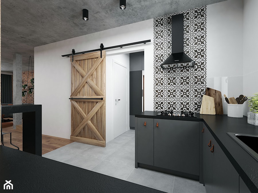 Projekt mieszkania 60 m2 / Duchnice - Średnia otwarta z salonem z kamiennym blatem biała czarna z zabudowaną lodówką z nablatowym zlewozmywakiem kuchnia w kształcie litery g z oknem, styl industrialny - zdjęcie od BIG IDEA studio projektowe