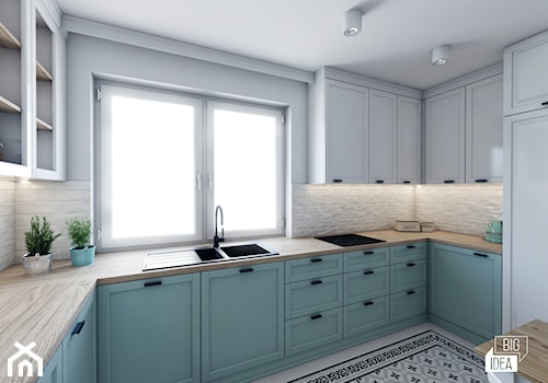 Projekt domu 56,9 m2 / Gnojnik - Średnia otwarta biała z zabudowaną lodówką z nablatowym zlewozmywakiem kuchnia w kształcie litery u z oknem, styl nowoczesny - zdjęcie od BIG IDEA studio projektowe