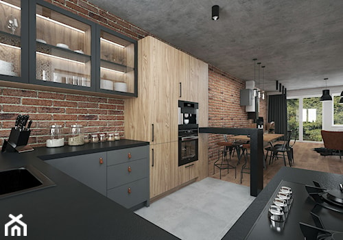 Projekt mieszkania 60 m2 / Duchnice - Średnia otwarta z salonem z kamiennym blatem z zabudowaną lodówką z nablatowym zlewozmywakiem kuchnia w kształcie litery g z oknem, styl industrialny - zdjęcie od BIG IDEA studio projektowe