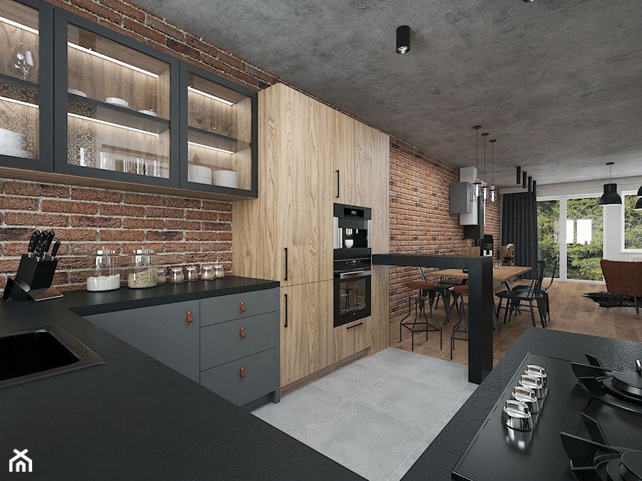 Projekt mieszkania 60 m2 / Duchnice - Średnia otwarta z salonem z kamiennym blatem z zabudowaną lodówką z nablatowym zlewozmywakiem kuchnia w kształcie litery g z oknem, styl industrialny - zdjęcie od BIG IDEA studio projektowe