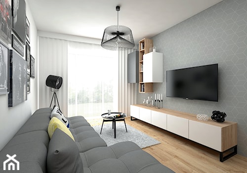 Projekt mieszkania 35 m2 / Kraków - Mały biały szary salon z tarasem / balkonem z bibiloteczką, styl skandynawski - zdjęcie od BIG IDEA studio projektowe