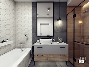 Projekt mieszkania 48,16 m2 / Kraków - Mała bez okna z lustrem z punktowym oświetleniem łazienka, styl skandynawski - zdjęcie od BIG IDEA studio projektowe
