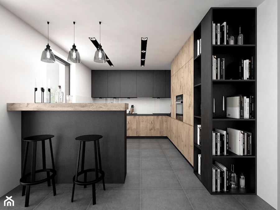 Projekt kuchni 13 m2 / Kraków - Duża otwarta biała z zabudowaną lodówką kuchnia w kształcie litery g z wyspą lub półwyspem, styl nowoczesny - zdjęcie od BIG IDEA studio projektowe