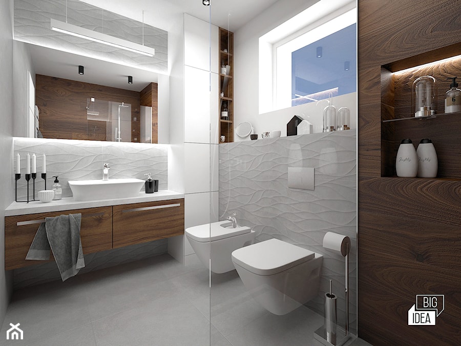 Projekt domu 43 m2 / Damienice - Średnia z lustrem z punktowym oświetleniem łazienka z oknem, styl nowoczesny - zdjęcie od BIG IDEA studio projektowe