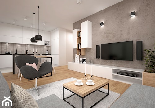 Projekt mieszkania 60 m2 / Kraków - Średni szary salon z kuchnią z jadalnią z bibiloteczką, styl minimalistyczny - zdjęcie od BIG IDEA studio projektowe