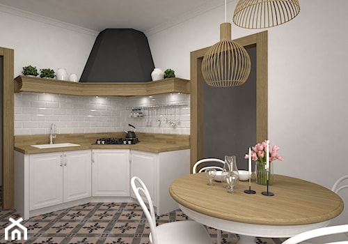 Projekt kuchni 21 m2 / Bochnia - Duża zamknięta biała z zabudowaną lodówką z nablatowym zlewozmywakiem kuchnia z kompozytem na ścianie nad blatem kuchennym, styl rustykalny - zdjęcie od BIG IDEA studio projektowe