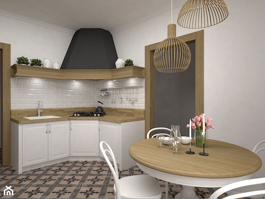 Projekt kuchni 21 m2 / Bochnia - Duża zamknięta biała z zabudowaną lodówką z nablatowym zlewozmywakiem kuchnia z kompozytem na ścianie nad blatem kuchennym, styl rustykalny - zdjęcie od BIG IDEA studio projektowe