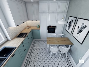 Projekt domu 56,9 m2 / Gnojnik - Średnia zamknięta biała szara z zabudowaną lodówką z nablatowym zlewozmywakiem kuchnia w kształcie litery l z oknem, styl nowoczesny - zdjęcie od BIG IDEA studio projektowe