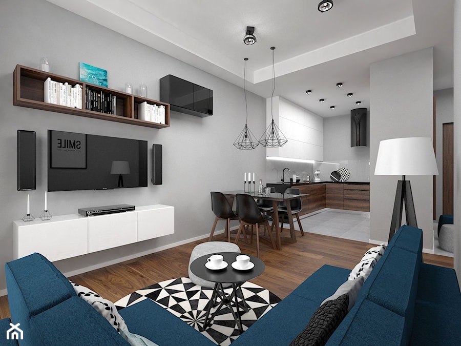 Projekt mieszkania 57 m2 / Kraków - Średni szary salon z kuchnią z jadalnią, styl nowoczesny - zdjęcie od BIG IDEA studio projektowe