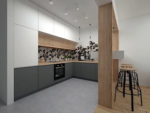 Projekt mieszkania 35 m2 / Kraków - Duża otwarta biała z zabudowaną lodówką z podblatowym zlewozmywakiem kuchnia w kształcie litery l, styl skandynawski - zdjęcie od BIG IDEA studio projektowe