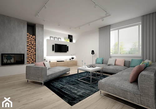 Projekt domu 70 m2 / Jabłonka - Duży biały szary salon, styl skandynawski - zdjęcie od BIG IDEA studio projektowe