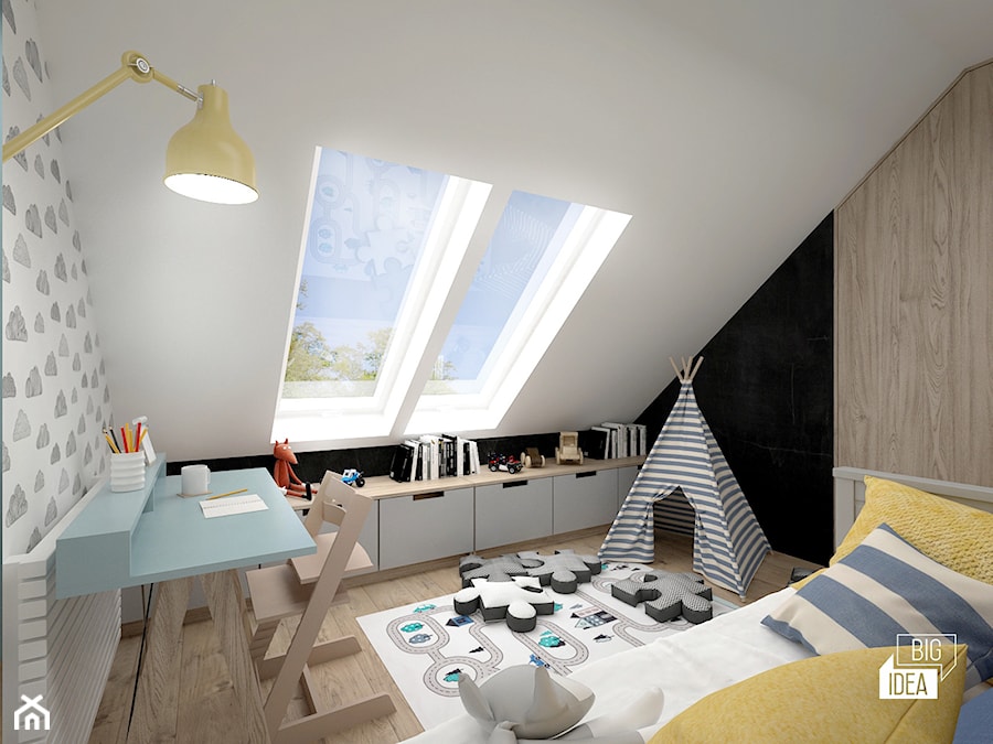 Projekt domu 107,52 m2 / Wieliczka - Średni biały czarny szary pokój dziecka dla dziecka dla chłopca dla dziewczynki, styl skandynawski - zdjęcie od BIG IDEA studio projektowe