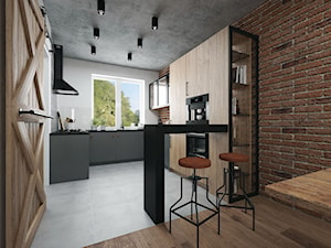 Projekt mieszkania 60 m2 / Duchnice - Średnia otwarta z kamiennym blatem biała z zabudowaną lodówką z nablatowym zlewozmywakiem kuchnia w kształcie litery g z oknem, styl industrialny - zdjęcie od BIG IDEA studio projektowe