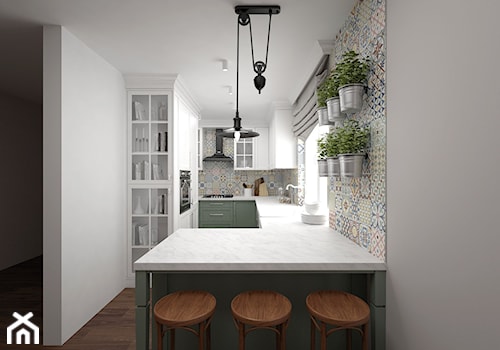 Projekt kuchni 10 m2 / Niepołomice - Średnia otwarta szara z zabudowaną lodówką z podblatowym zlewozmywakiem kuchnia w kształcie litery g z oknem, styl tradycyjny - zdjęcie od BIG IDEA studio projektowe