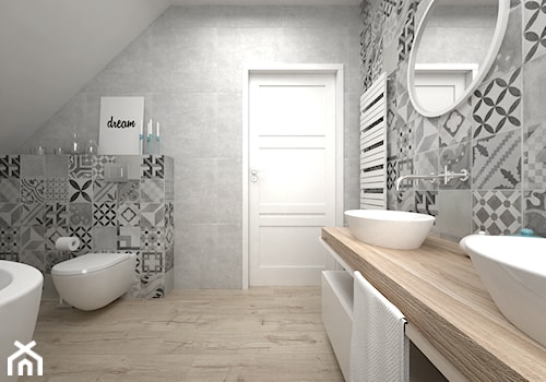 Projekt poddasza 45 m2 / Jabłonka - Średnia na poddaszu z dwoma umywalkami łazienka, styl skandynawski - zdjęcie od BIG IDEA studio projektowe