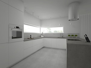 Projekt domu 120 m2 / Bochnia - Duża otwarta z kamiennym blatem biała szara z zabudowaną lodówką z lodówką wolnostojącą z podblatowym zlewozmywakiem kuchnia w kształcie litery u z oknem z kompozytem na ścianie nad blatem kuchennym, styl nowoczesny - zdjęcie od BIG IDEA studio projektowe