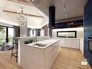 Projekt willi 300 m2 cz. III / Bochnia - Średnia otwarta z salonem biała z zabudowaną lodówką z podblatowym zlewozmywakiem kuchnia w kształcie litery l z wyspą lub półwyspem z oknem, styl nowoczesny - zdjęcie od BIG IDEA studio projektowe