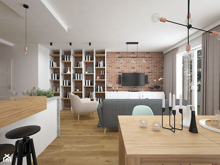 Projekt domu 90 m2 / Kraków - Średni biały salon z kuchnią z jadalnią, styl nowoczesny - zdjęcie od BIG IDEA studio projektowe