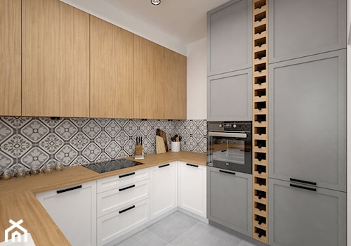 Projekt mieszkania 85 m2 / Kraków - Średnia zamknięta biała z zabudowaną lodówką kuchnia w kształcie litery u, styl skandynawski - zdjęcie od BIG IDEA studio projektowe