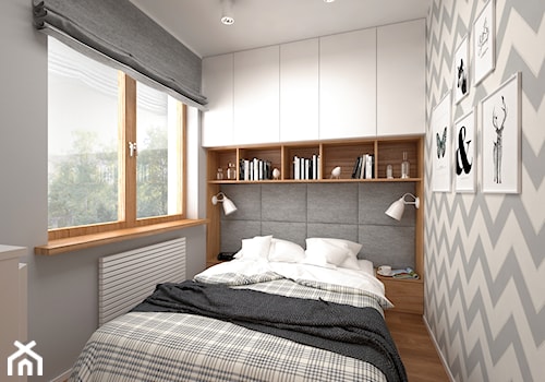 Projekt mieszkania 30 m2 / Kraków - Mała biała szara z panelami tapicerowanymi sypialnia, styl skandynawski - zdjęcie od BIG IDEA studio projektowe
