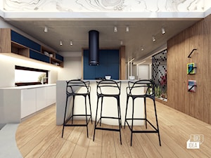Projekt willi 300 m2 cz. III / Bochnia - Duża otwarta z kamiennym blatem biała z zabudowaną lodówką kuchnia w kształcie litery l z wyspą lub półwyspem z oknem, styl nowoczesny - zdjęcie od BIG IDEA studio projektowe