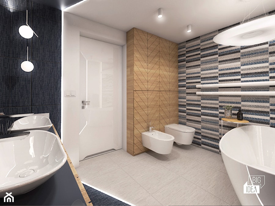 Projekt willi 300 m2 cz. II / Bochnia - Średnia z dwoma umywalkami z punktowym oświetleniem łazienka, styl nowoczesny - zdjęcie od BIG IDEA studio projektowe