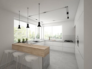 Projekt domu 70 m2 / Jabłonka - Duża otwarta z kamiennym blatem biała z zabudowaną lodówką z podblatowym zlewozmywakiem kuchnia w kształcie litery g z wyspą lub półwyspem, styl skandynawski - zdjęcie od BIG IDEA studio projektowe