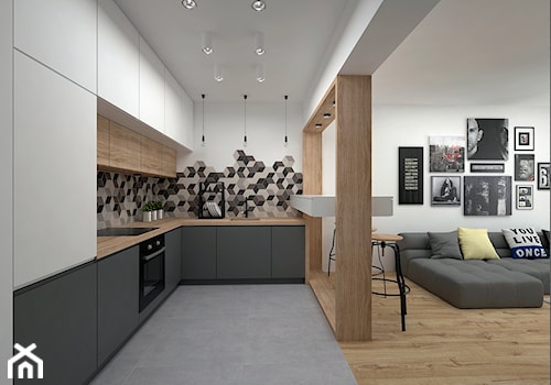 Projekt mieszkania 35 m2 / Kraków - Średnia otwarta z salonem biała szara z zabudowaną lodówką z pod ... - zdjęcie od BIG IDEA studio projektowe