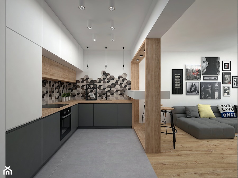 Projekt mieszkania 35 m2 / Kraków - Średnia otwarta z salonem biała szara z zabudowaną lodówką z podblatowym zlewozmywakiem kuchnia w kształcie litery l, styl skandynawski - zdjęcie od BIG IDEA studio projektowe