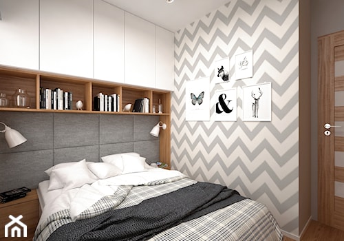 Projekt mieszkania 30 m2 / Kraków - Mała biała szara sypialnia, styl skandynawski - zdjęcie od BIG IDEA studio projektowe