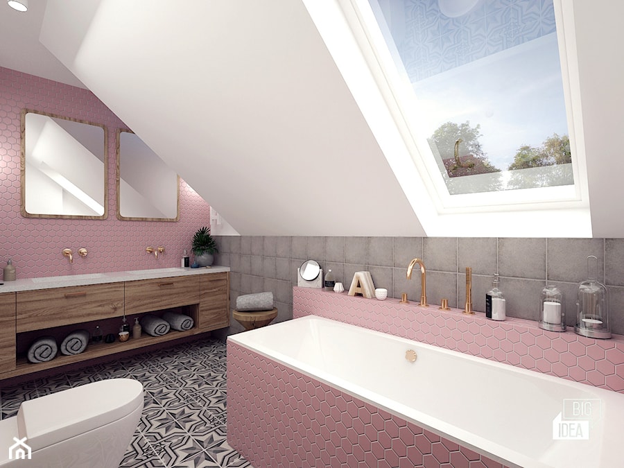 Projekt łazienki 7,31 m2 / Niepołomice - Średnia na poddaszu z dwoma umywalkami łazienka z oknem, styl nowoczesny - zdjęcie od BIG IDEA studio projektowe