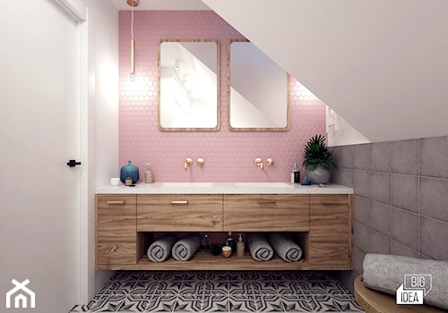 Projekt łazienki 7,31 m2 / Niepołomice - Mała na poddaszu z dwoma umywalkami łazienka z oknem, styl nowoczesny - zdjęcie od BIG IDEA studio projektowe