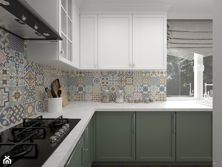 Projekt kuchni 10 m2 / Niepołomice - Średnia zamknięta szara z zabudowaną lodówką z nablatowym zlewozmywakiem kuchnia w kształcie litery l z oknem, styl tradycyjny - zdjęcie od BIG IDEA studio projektowe