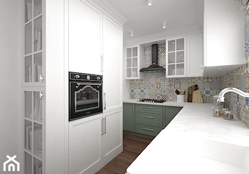 Projekt kuchni 10 m2 / Niepołomice - Średnia zamknięta szara z zabudowaną lodówką z nablatowym zlewozmywakiem kuchnia w kształcie litery l, styl tradycyjny - zdjęcie od BIG IDEA studio projektowe