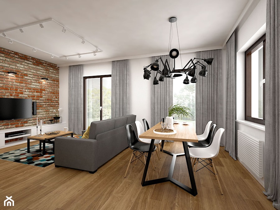 Projekt mieszkania 85 m2 / Kraków - Duży beżowy salon z jadalnią, styl skandynawski - zdjęcie od BIG IDEA studio projektowe