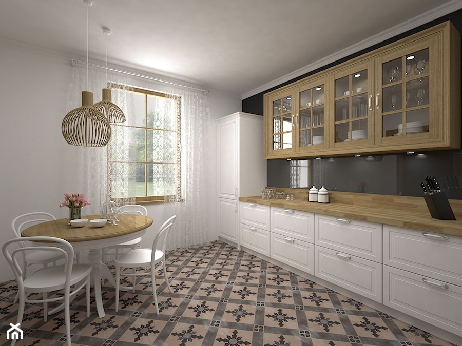 Projekt kuchni 21 m2 / Bochnia - Średnia biała czarna z zabudowaną lodówką kuchnia jednorzędowa, styl rustykalny - zdjęcie od BIG IDEA studio projektowe