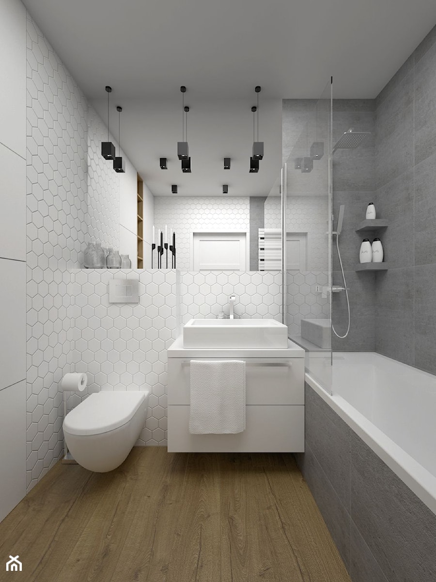 Projekt łazienki 5 m2 / Kraków - Mała bez okna z punktowym oświetleniem łazienka, styl minimalistyc ... - zdjęcie od BIG IDEA studio projektowe