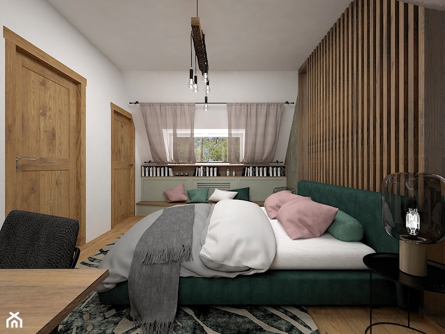 Projekt sypialni 15 m2 / Nowy Targ - Średnia biała brązowa szara z biurkiem sypialnia, styl industrialny - zdjęcie od BIG IDEA studio projektowe